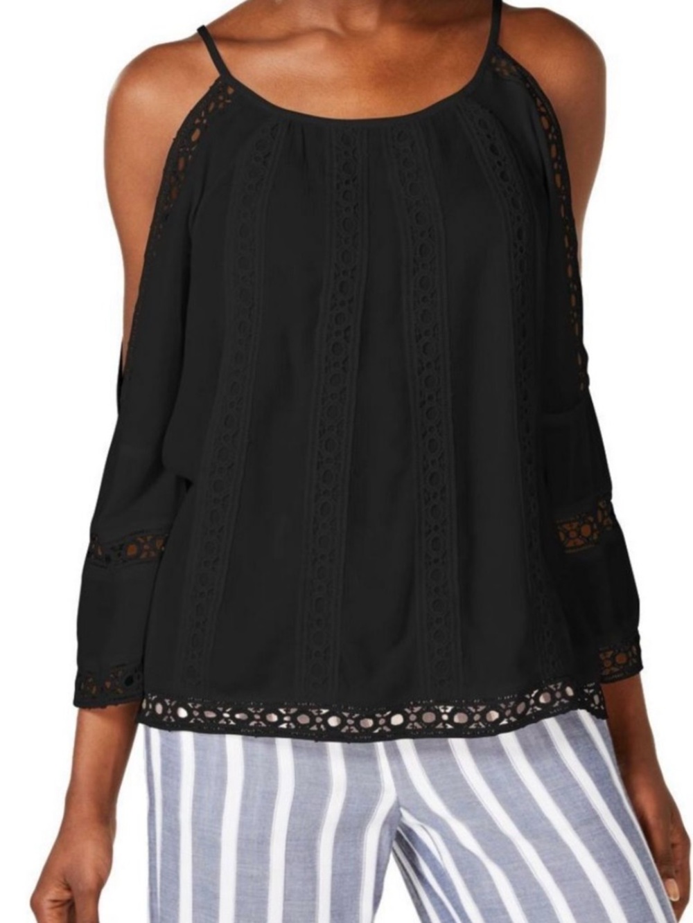 INC International Concepts Black Lace Blouse with Bell Sleeves Size S